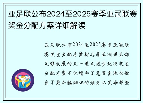 亚足联公布2024至2025赛季亚冠联赛奖金分配方案详细解读 亚足联公布2024至2025赛季亚冠联赛奖金分配方案详细解读