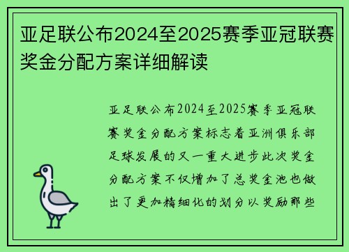 亚足联公布2024至2025赛季亚冠联赛奖金分配方案详细解读 亚足联公布2024至2025赛季亚冠联赛奖金分配方案详细解读
