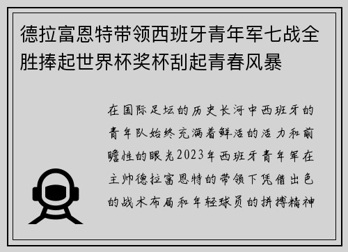 德拉富恩特带领西班牙青年军七战全胜捧起世界杯奖杯刮起青春风暴